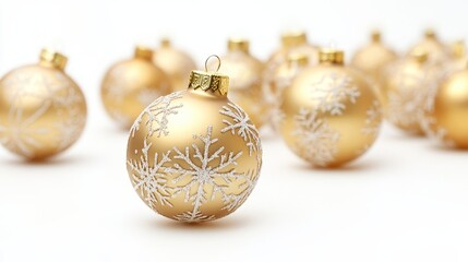 A group of golden Christmas baubles with delicate snowflake engravings, isolated on white, with a few baubles in focus and others gently blurred for depth.