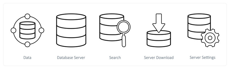 A set of 5 mix icons as data, database server, search