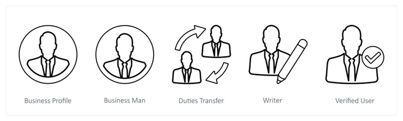 A set of 5 mix icons as business profile, businessman, duties transfer