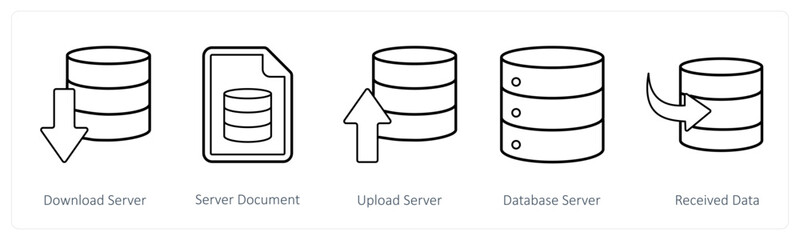 A set of 5 mix icons as download server, server document, upload server