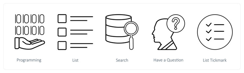 A set of 5 mix icons as programming, list, search