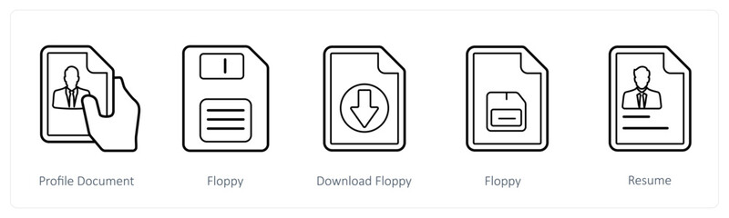 A set of 5 mix icons as profile document, floppy, download floppy