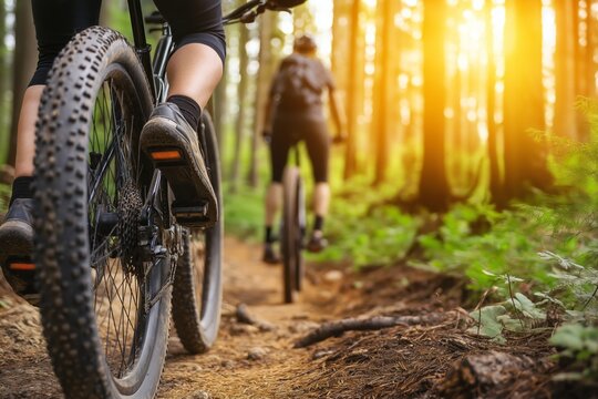 Close-up of two people mountain biking on a rugged forest trail with sunlight filtering through the trees, capturing the excitement and adventure of outdoor cycling in nature
