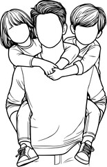 Black Line Art Happy Father and Son with Family Hand Drawn Illustration