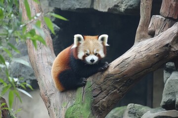 A curious red panda exploring its natural habitat in a lush sanctuary during daylight