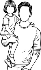 Black Line Art Happy Father and Son with Family Hand Drawn Illustration