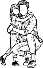 Black Line Art Happy Father and Son with Family Hand Drawn Illustration