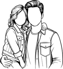 Black Line Art Happy Father and Son with Family Hand Drawn Illustration