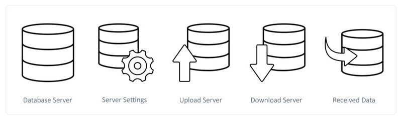 A set of 5 mix icons as database server, server settings, upload server