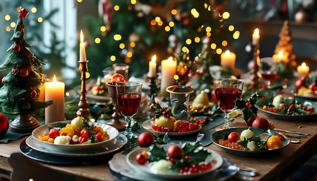 A festive christmas dinner table spread with holiday decorations delicious food twinkling lights and a cozy atmosphere for family gatherings and celebrations