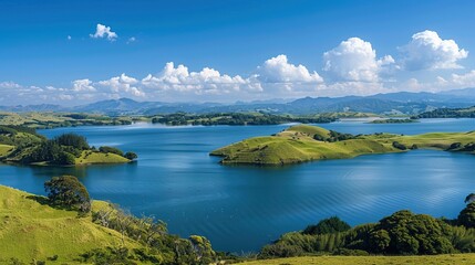 Obraz premium Serene landscape of lake surrounded by rolling green hills, tranquil atmosphere