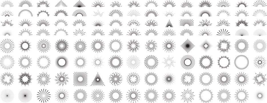 star burst, light ray, sun ray, blast, shine, beam, glow, fire works classic vintage retro set with editable stroke