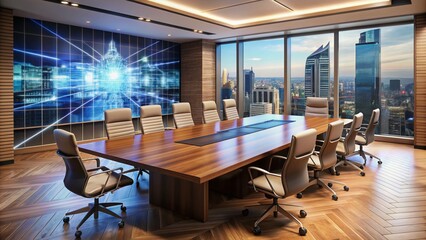 Modern empty conference room with sleek wooden table, high-tech screens, and comfortable chairs, surrounded by blurred cityscape, ready for a virtual gathering.