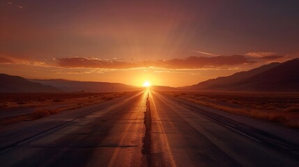 Sunset road through desert landscape, dramatic sky and vanishing point perspective