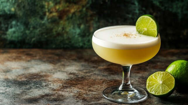 Classic Costa Rican Guaro Sour cocktail with a lime garnish, served in a sophisticated glass on a rustic surface