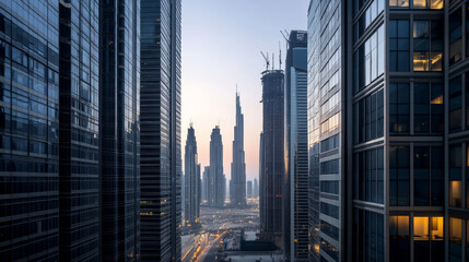 Urban skyline photo, Wide-angle shot at dusk or dawn, capturing a modern cityscape with tall, sleek buildings. 