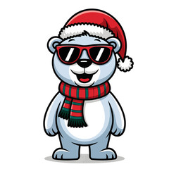 A cartoon illustration of a cheerful polar bear with a red Santa hat, a red and green scarf, and red sunglasses