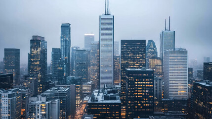 Fototapeta premium Urban skyline photo, Wide-angle shot at dusk or dawn, capturing a modern cityscape with tall, sleek buildings. 