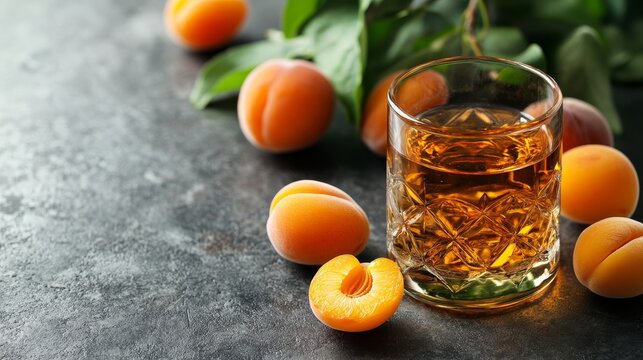 A glass of aromatic Hungarian Palinka surrounded by fresh apricots, highlighting its rich fruit essence
