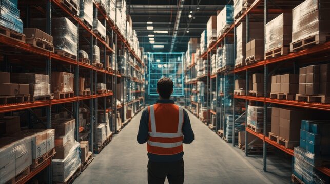 A high-tech smart warehouse where augmented reality highlights packages to be picked and delivered, with a worker interacting with AR visuals that guide him through the process.