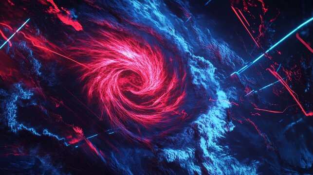 A high-tech map rendering of a category 5 hurricane crossing the Atlantic Ocean, with swirling storm patterns illuminated by laser lights.