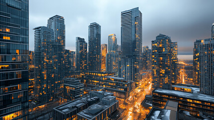 Urban skyline photo, Wide-angle shot at dusk or dawn, capturing a modern cityscape with tall, sleek buildings. 