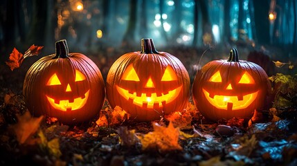 Fototapeta premium A pumpkin with a scary face is sitting on the ground in a forest. The pumpkin is lit up, creating a spooky atmosphere