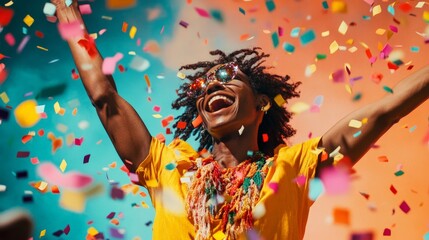 A joyous individual dancing among falling confetti, completely absorbed in the thrill of success, their triumphant expression highlighted by the colorful backdrop.