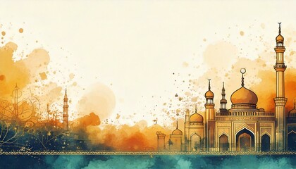 Watercolor background with a mosque and copy space