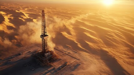 A majestic oil derrick standing tall in the heart of an expansive desert