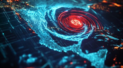 Fototapeta premium A laser-lit map of the Atlantic Ocean showing a category 5 hurricane spiraling toward landfall, with bright red laser beams highlighting