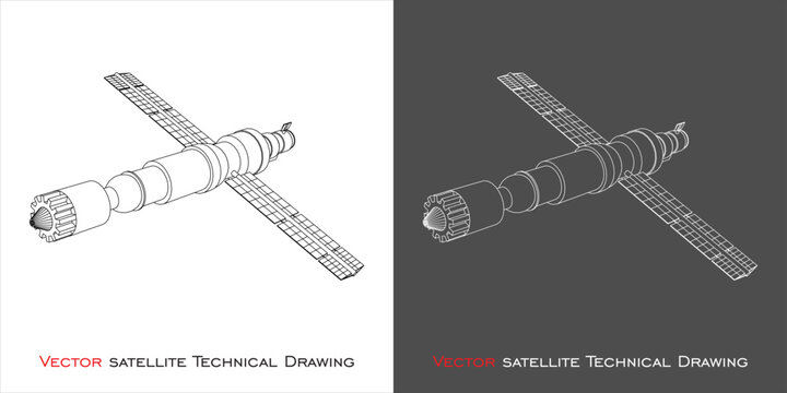space satellite vector. For Communication and Telecommunications. technical line drawing blueprint on transparent background