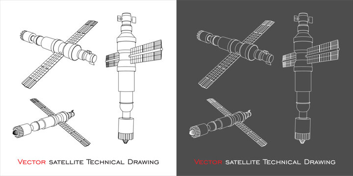 set space satellite vector from various positions. For Communication and Telecommunications. technical line drawing blueprint on transparent background