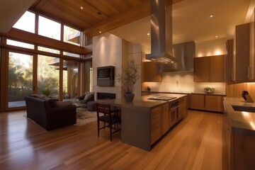 A spacious modern open-plan kitchen and living room with high ceilings, natural wood finishes, large windows, and a cozy seating area, blending contemporary design with warmth and comfort