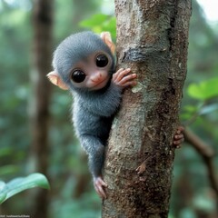 Naklejka premium A curious baby monkey climbs a tree in a lush green rainforest during daylight hours