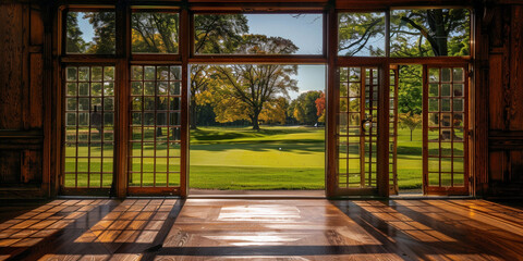 a room with a view of a golf course

