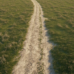 Fototapeta premium Top down high angle view long dirt path on dirt plain grass