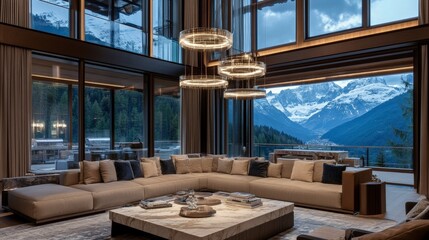 A luxurious living room with a large sectional sofa, marble coffee table, and stylish pendant lights, framed by expansive windows that open to a scenic mountain view.
