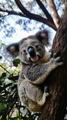 Naklejka premium A playful koala joyfully climbing a tree in its natural habitat under a bright blue sky
