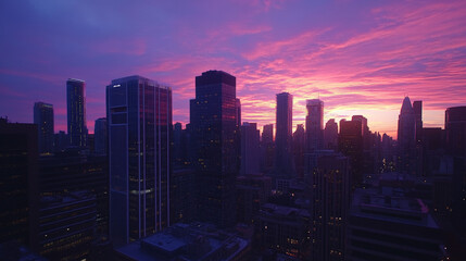 Obraz premium Cinematic shot of big metropolitan city, evening sunset, POV staying on the building roof