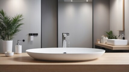 Fototapeta premium Modern Bathroom Interior Featuring Minimalist White Basin and Contemporary Decor Elements