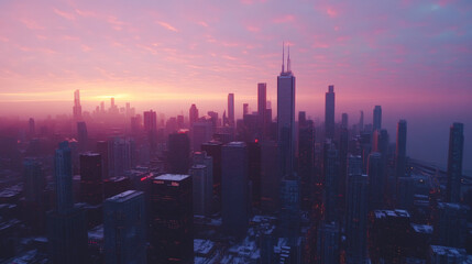 Cinematic shot of big metropolitan city, evening sunset, POV staying on the building roof