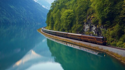 Fototapeta premium A luxury train traveling along a curving track by a lake, with the reflection of the train mirrored perfectly in the still water.