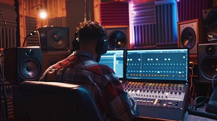 Obraz premium Music producer at sound mixing desk in recording studio, modern music production setup