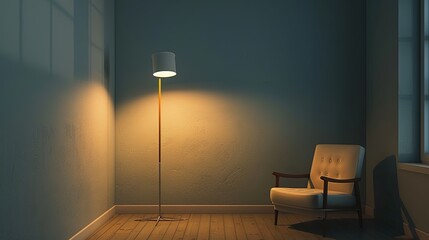 Fototapeta premium Sunlight casting shadows on minimalist chair and lamp in modern empty room