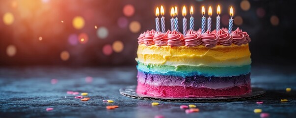 Vibrant colorful rainbow birthday cake banner with lit candles and sparkling bokeh on dark backdrop, creating a festive celebration atmosphere, perfect background for special offers and thank yous