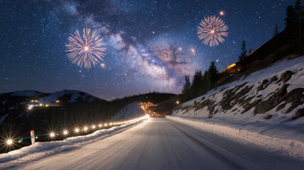 starry sky in winter snowy night. fantastic milky way in the New Year's Eve. Winter road in the mountains. fireworks and holiday lights on the background. Photo greeting card 