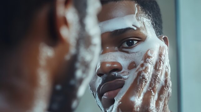 A man cleansing his face with a foam cleanser in front of a mirror, creating a thick lather while showing care for his skin.