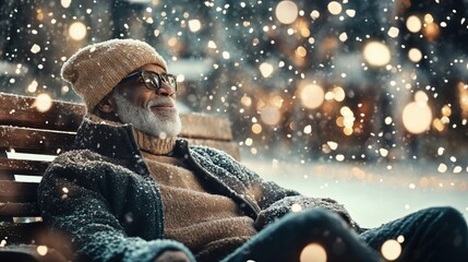 Serene winter scene featuring a man relaxing on snow-covered bench, surrounded by festive lights and snowfall. Ideal for conveying peace, nostalgia, and Christmas spirit in promotional content. 8k