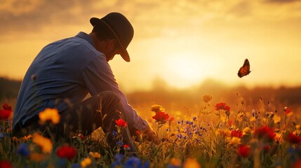 Fototapeta premium A serene evening in a colorful meadow capturing the beauty of nature and reflection at sunset